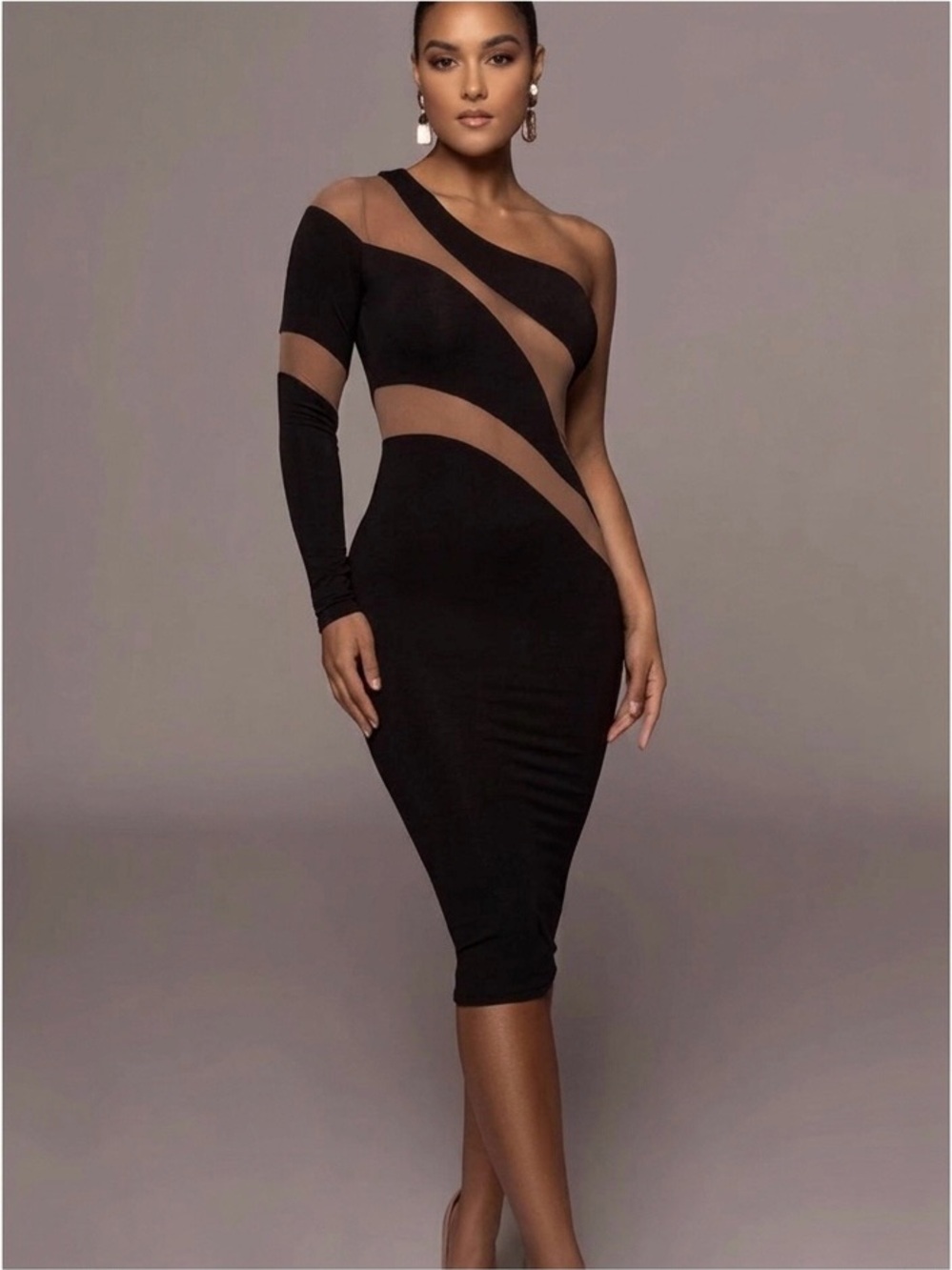 JLUXLABEL Black one shoulder date night dress with Nude Contrast Trim